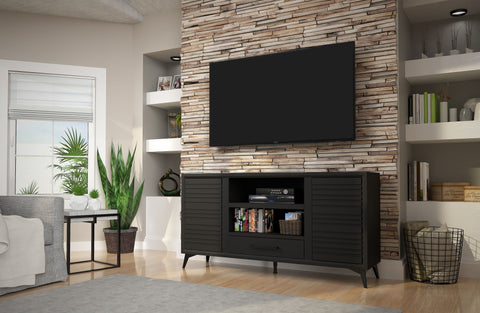 Modern TV stand with storage and shelving for your devices. Fits TVs of many sizes