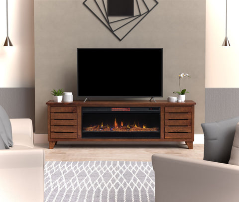 Modern fireplace tv stand with adjustable LED colors and heat options