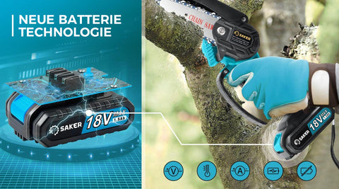 Saker Mini Einhand Kettensäge mit Sicherheitsvorrichtung und effizienter Kette, Batterie