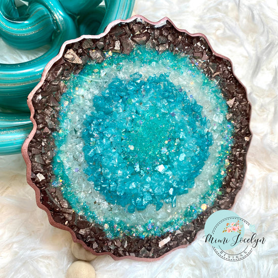 Aquamarine Geode Coaster, Teal Glitter Resin Coaster, Epoxy Art