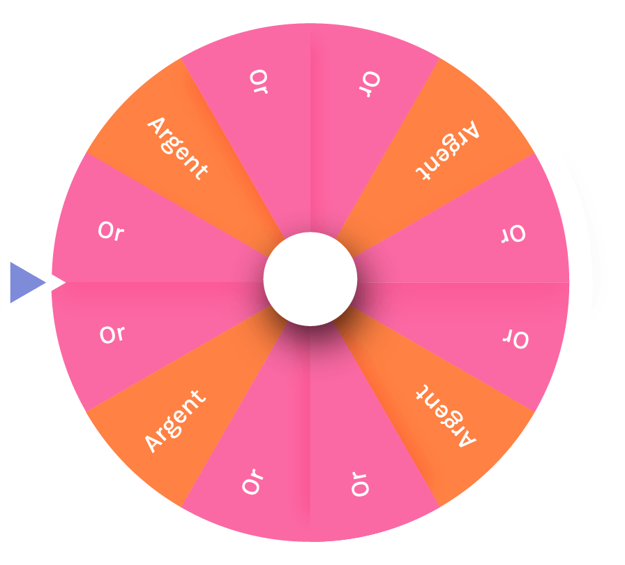 Colorful spinning wheel with options written in French, indicating a game of chance.