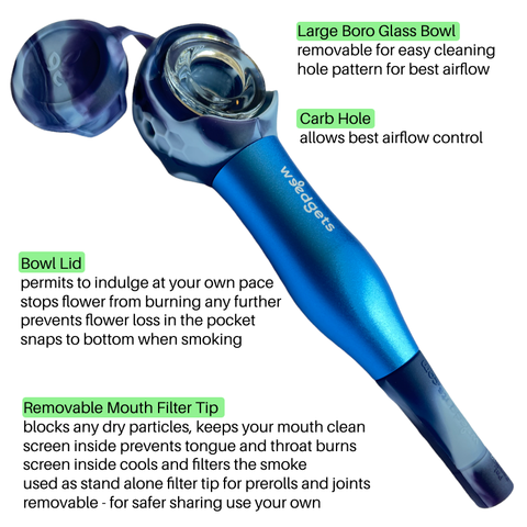 MAZE-X Pipe image showing its features: large boro glass bowl, carb hole, bowl likd, and removable mouth filter tip.