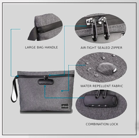 smell proof stash bag with annotated features