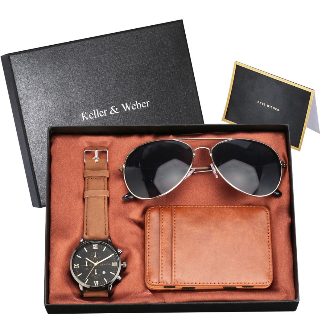 Kit Relógio + Óculos + Carteira Modelo Brown
