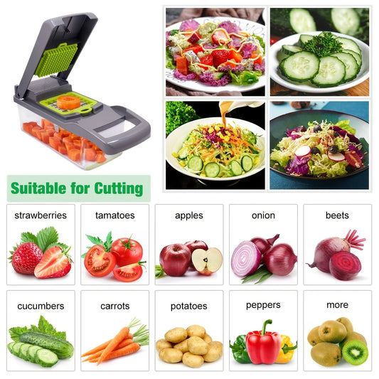 1Pc Green Black 12 in 1 Multifunctional Vegetable Slicer Cutter Shredders  Slicer With Basket Fruit Potato Chopper Carrot Grater