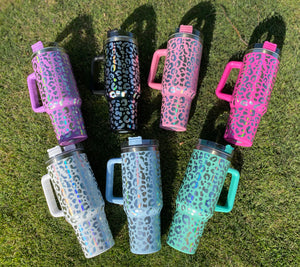 Leopard holographic 40 ounce Tumblr with handle - Sawdust & Succulents 