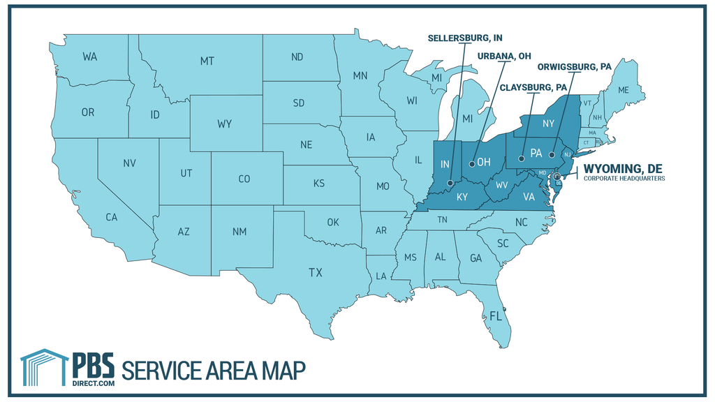 PBS Service Area Map showing pick-up locations in PA, OH, IN and DE as well as the region that is serviced in surrounding states.