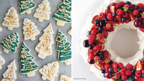 Image is split into two. Left is by @littleepicurean, featuring a variety of green and white christmas tree cookies. Right side is by @seewantshop, featuring a circular pavlova topped with a range of berries