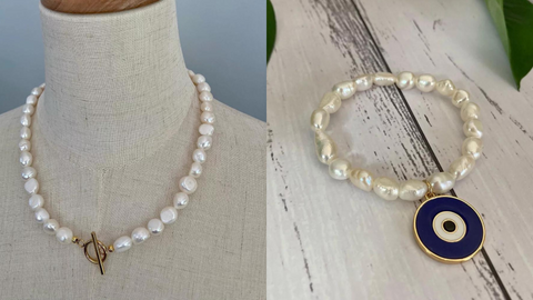 image features one pearl bracelet with an evil eye, and the other features a pearl necklace with a gold closure - Giddy Vibes