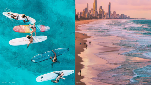 Image split into two. Left side was taken by @Sandralj1396 which features an overhead shot of five people in the ocean on their surfboards. Right side of the image was taken by @Australia, showing a beach shore line with blue waters, people walking across the sand, peach sunset and a city skyline in the background - Giddy Vibes