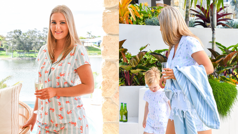 image features two of the same woman, one wearing prawn matching PJs a and the other with a child in matching palm beach PJ set - Giddy Vibes