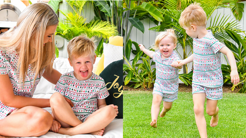 Image is split into two. Left side features a mum and son in matching Giddy Vibes pyjamas and smiling. Right side features two children holding hands running in the backyard smiling in Giddy Vibes pyjamas.