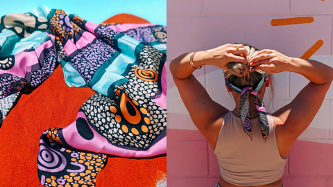 Image splits into two, the left featuring a rainbow headscarf on a red and blue spread. Right side of the image features the back of a woman with a scarf on her head tied up as a headband - Giddy Vibes