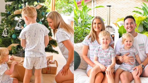 Image is split into two. Left side of image features a family in front of a decorated Christmas tree inside the home. It features a mum on the right watching her children as she smiles. One child is opening gifts on the floor at the bottom left, and the other child is standing in the middle facing him. Right side of the image includes a family of 4 in matching Giddy Vibes pyjamas on a couch in their backyard. A mother, father, and their children on their laps smiling at the camera - Giddy Vibes