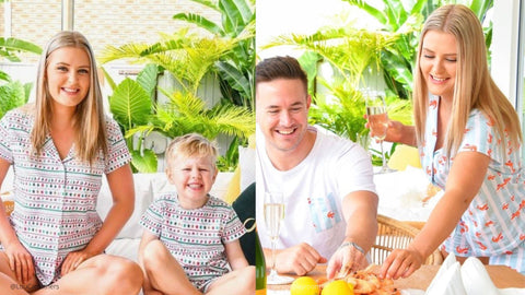 Mum, dad and child wearing summer Christmas pyjamas