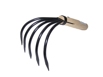 A tool with 5 long curved metal claw-like prongs. It has a wooden handle.