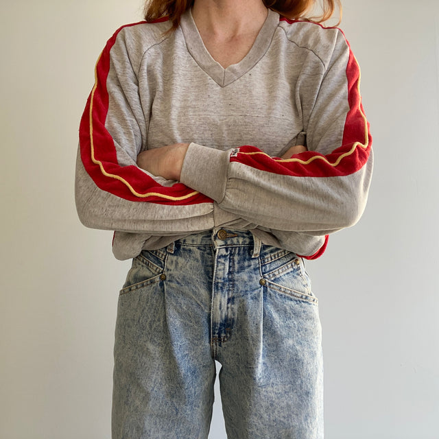 1970s Paper Thin V-Neck Sweatshirt with a Velour Side Stripe