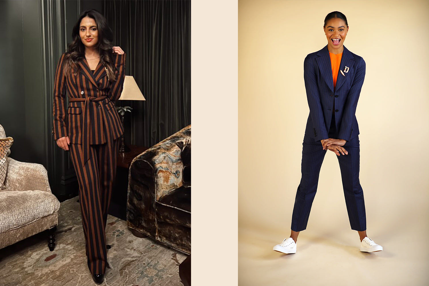 shermin lakha in black and brown vertical stripes and model in blue pinstripe