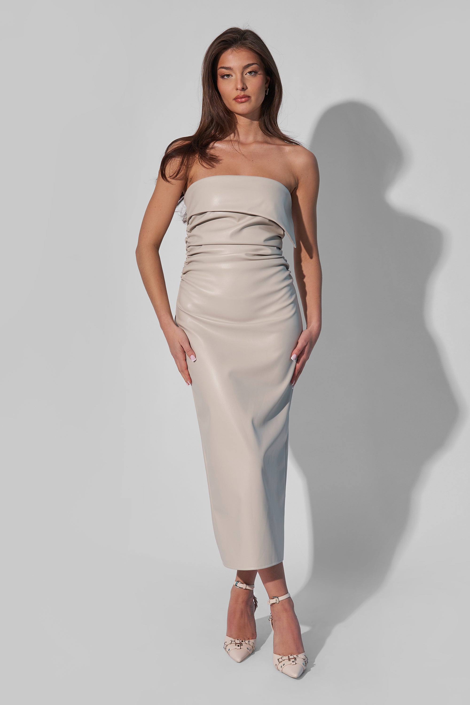Image of Kaiia Leather Look Ruched Bandeau Midaxi Dress In Ecru UK 8