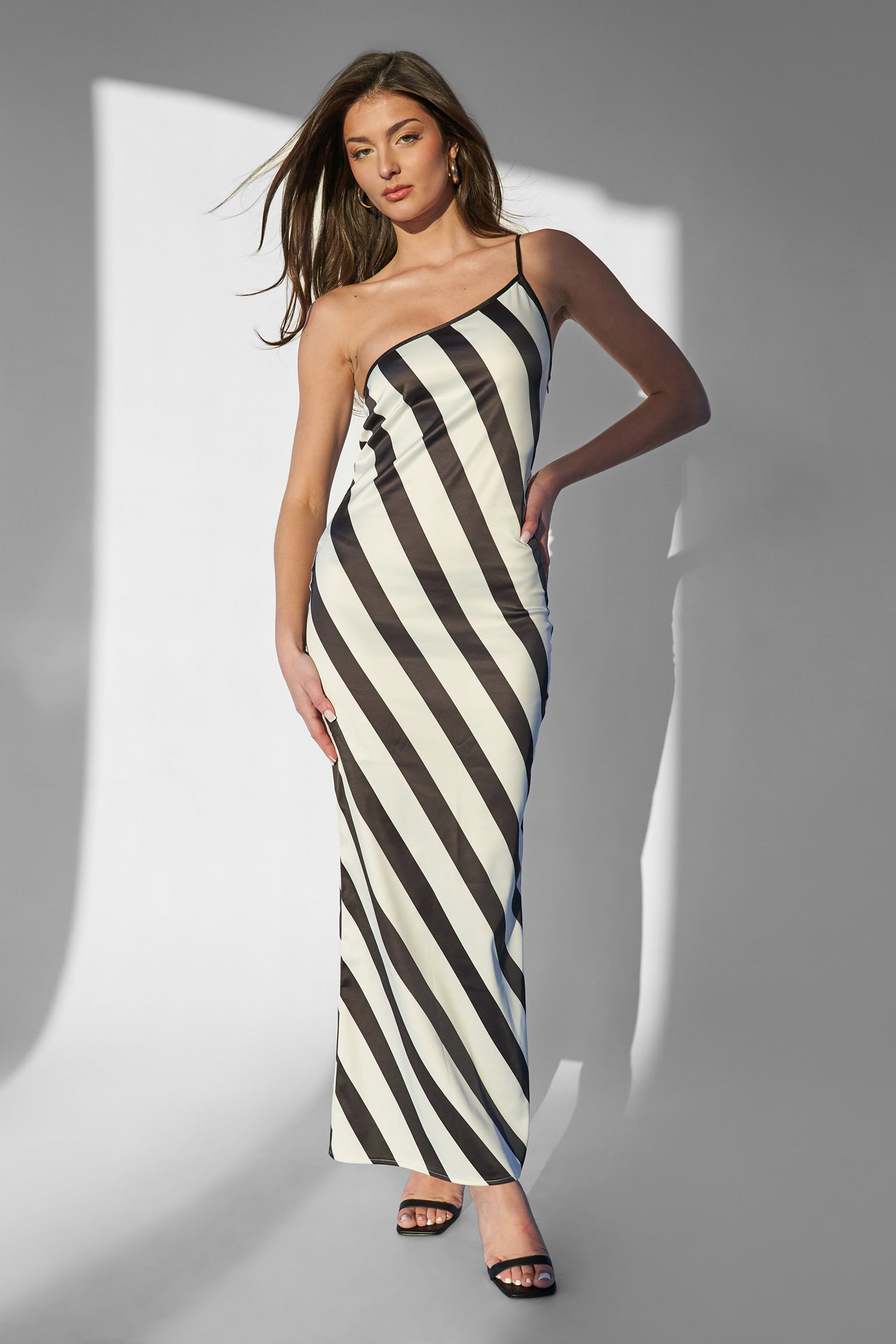 Image of Kaiia One Shoulder Maxi Dress Monochrome Stripe