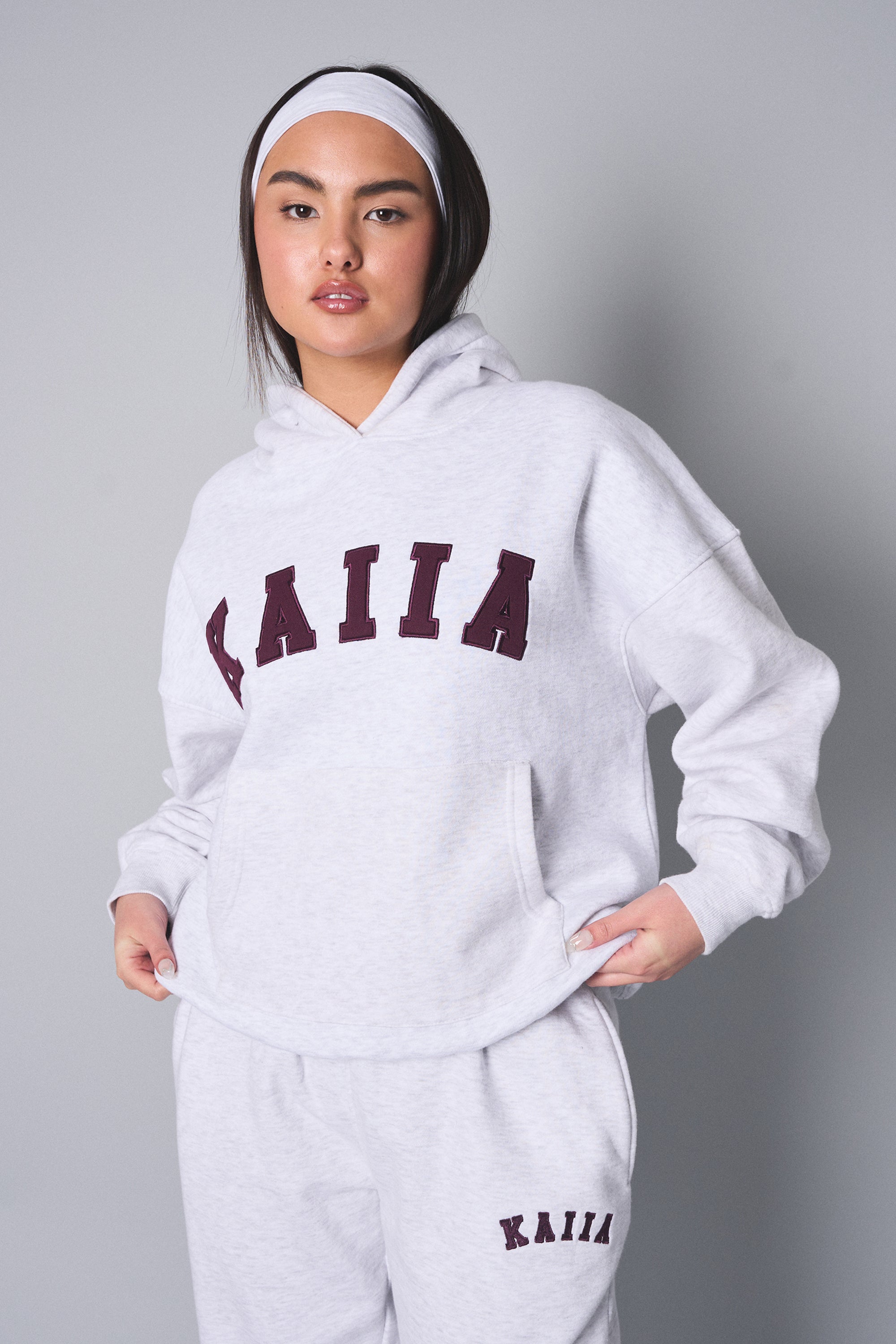 Image of Kaiia Slogan Oversized Hoodie Light Grey Marl With Burgundy