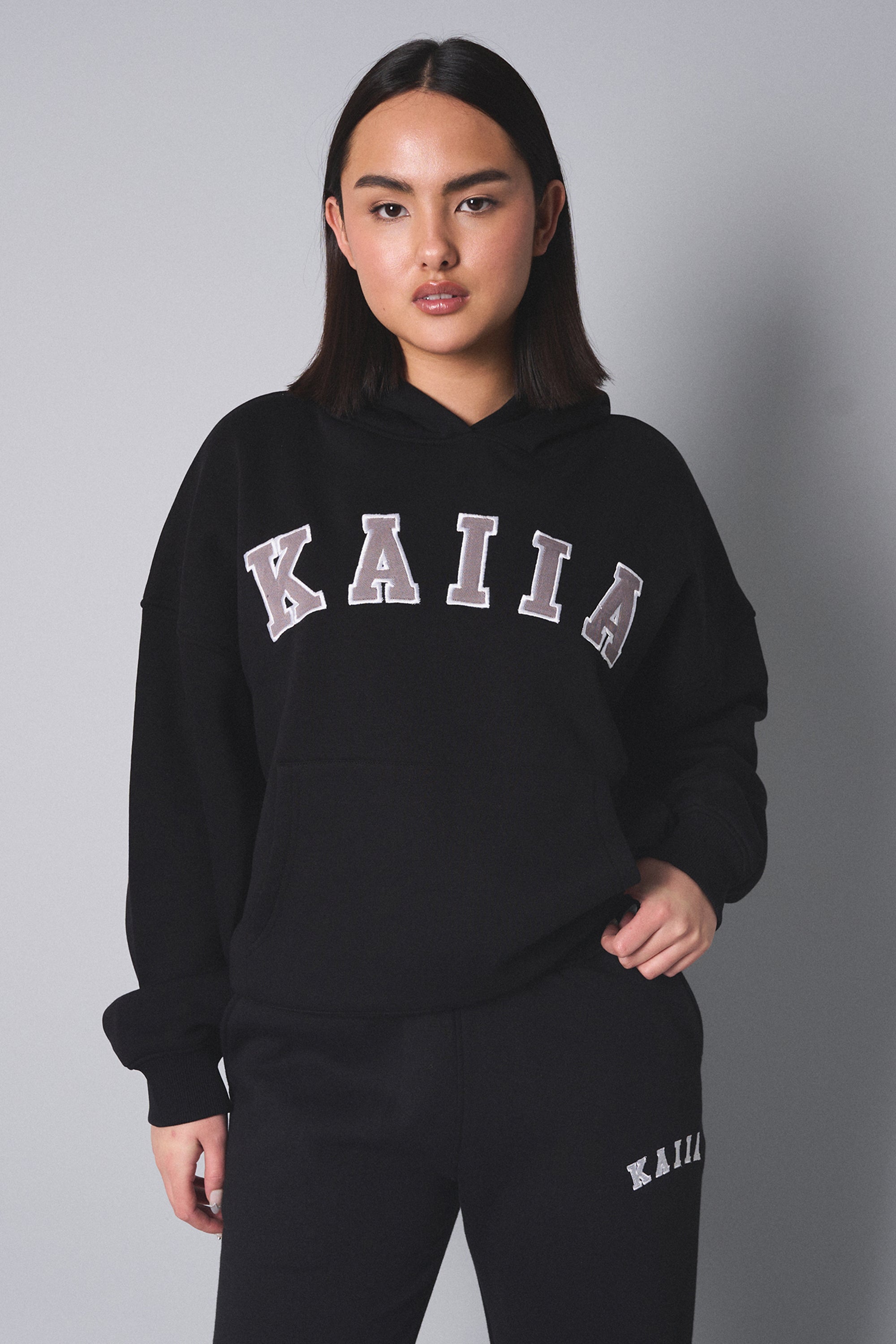 Image of Kaiia Slogan Oversized Hoodie Black with Grey