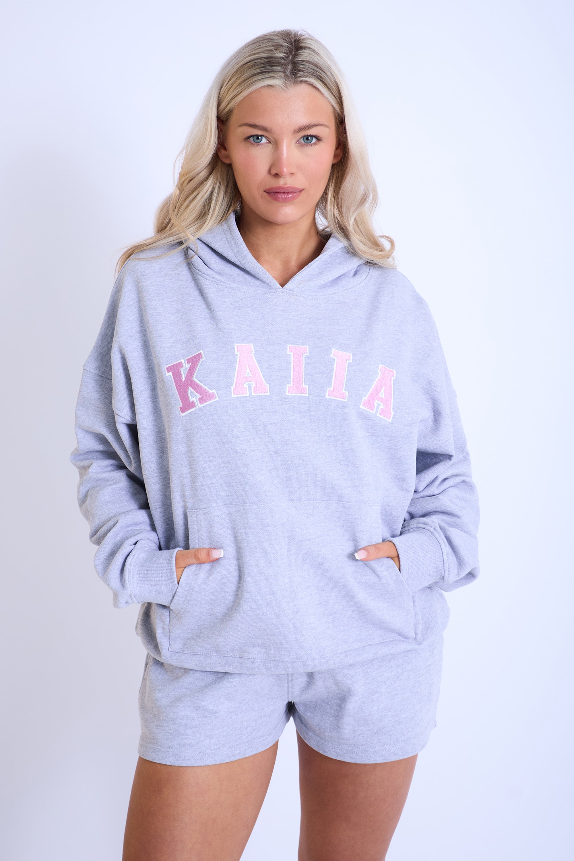 Image of Kaiia Slogan Oversized Hoodie Grey Marl & Pink