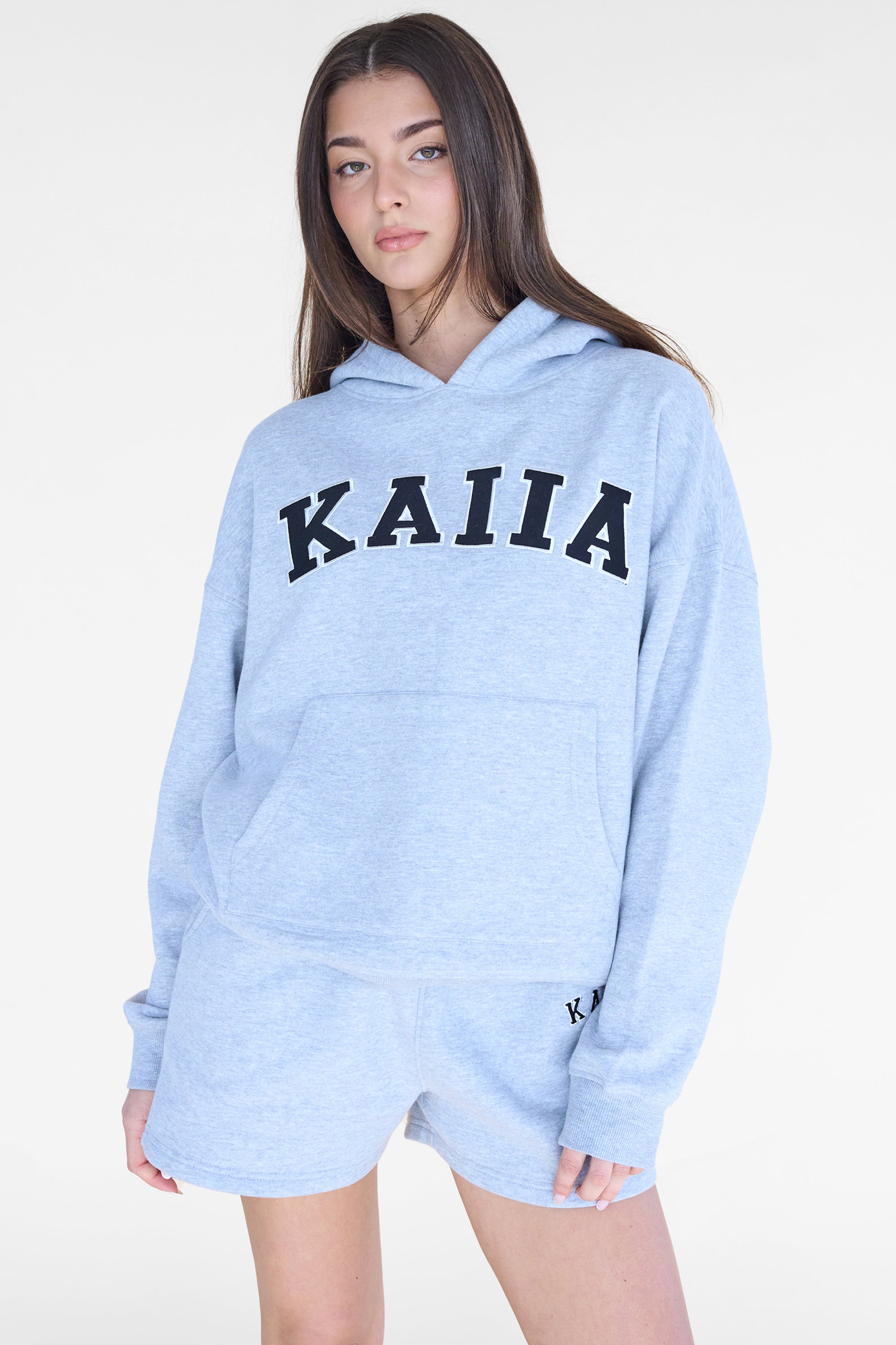Image of Kaiia Slogan Oversized Hoodie Grey Marl & Black