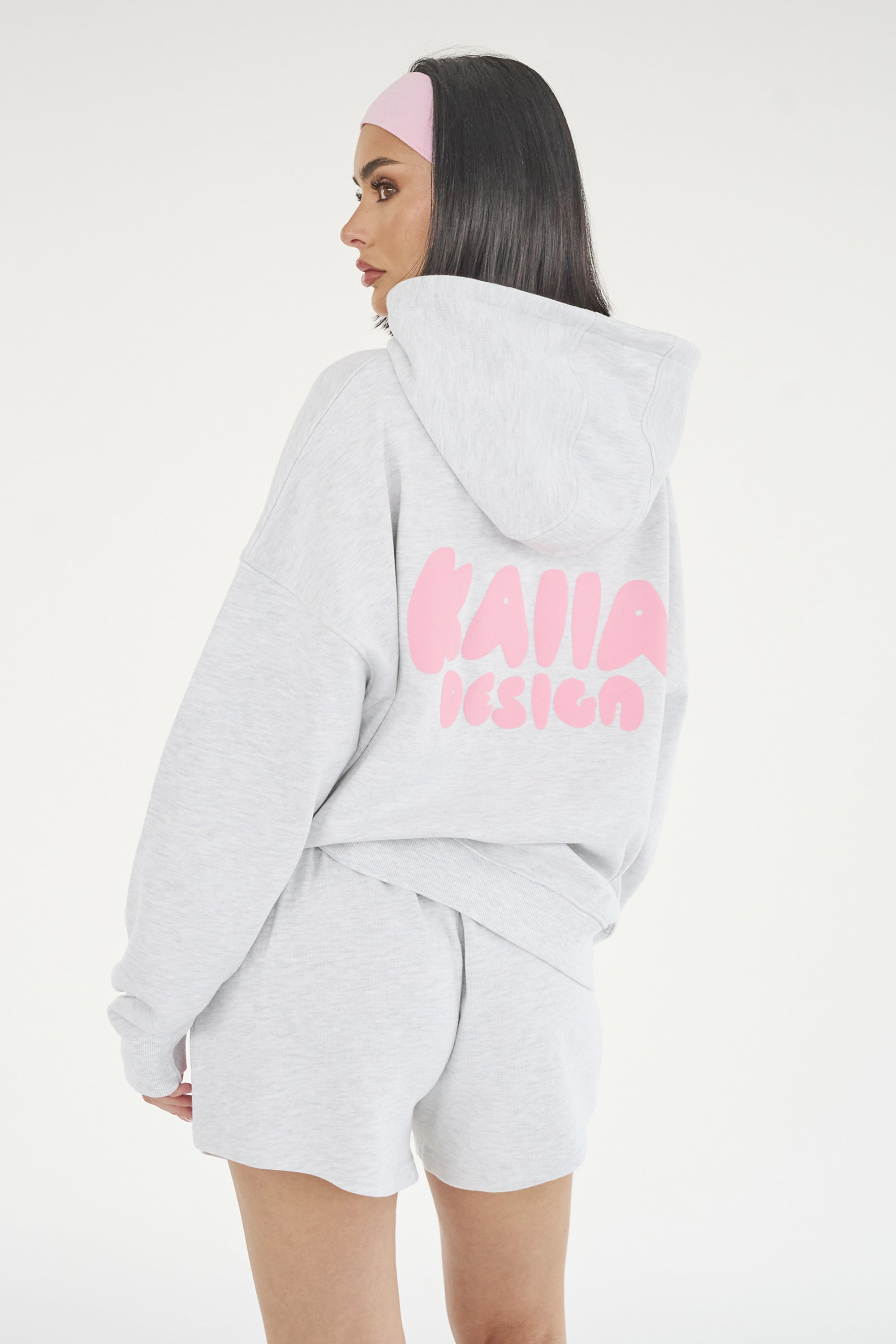 Image of Kaiia Design Bubble Logo Oversized Hoodie Lt Grey Marl & Pink