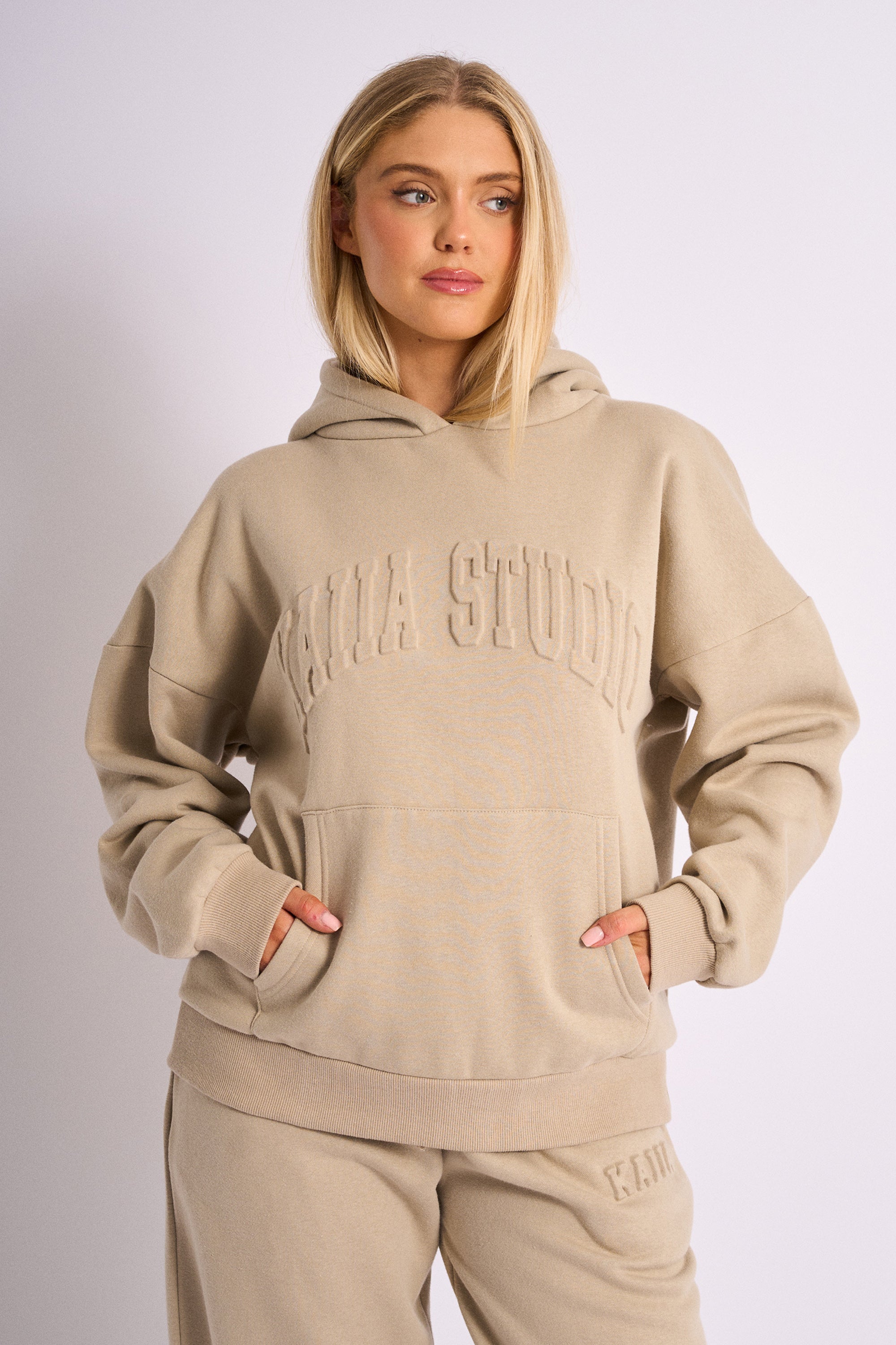 Image of Kaiia Studio Embossed Logo Oversized Hoodie Stone