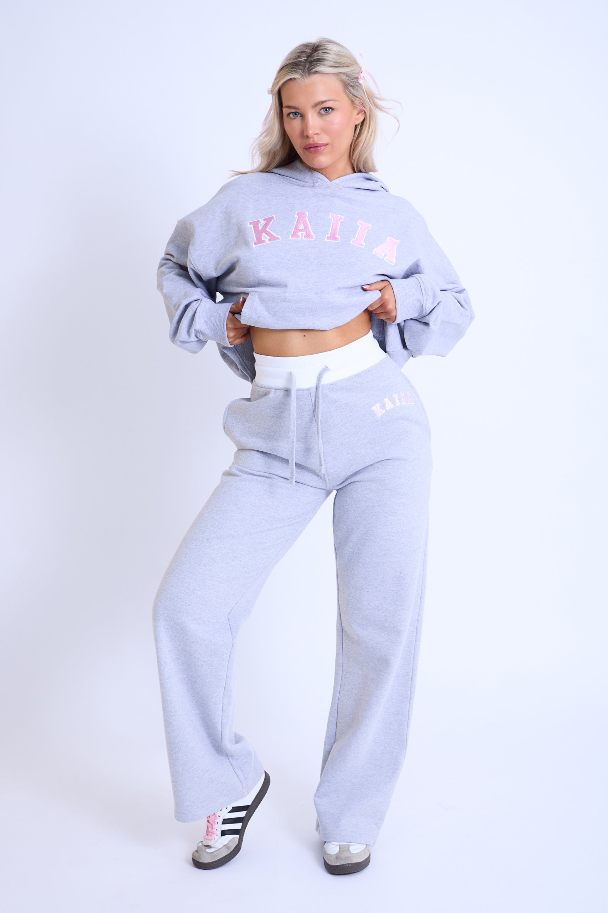 Image of Kaiia Contrast Waistband Wide Leg Sweat Pants Grey Marl & Pink