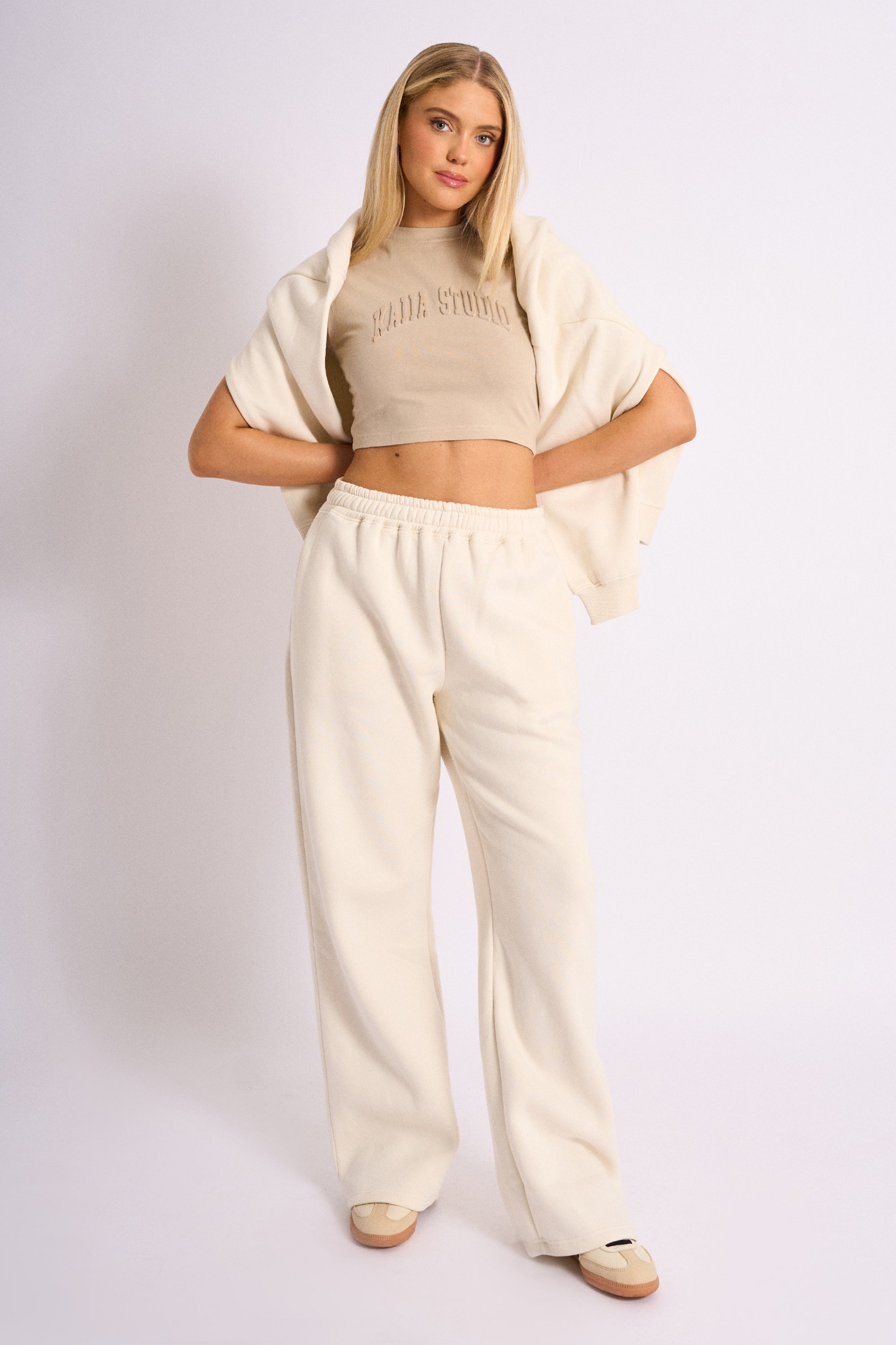 Image of Kaiia Embossed Wide Leg Joggers Cream