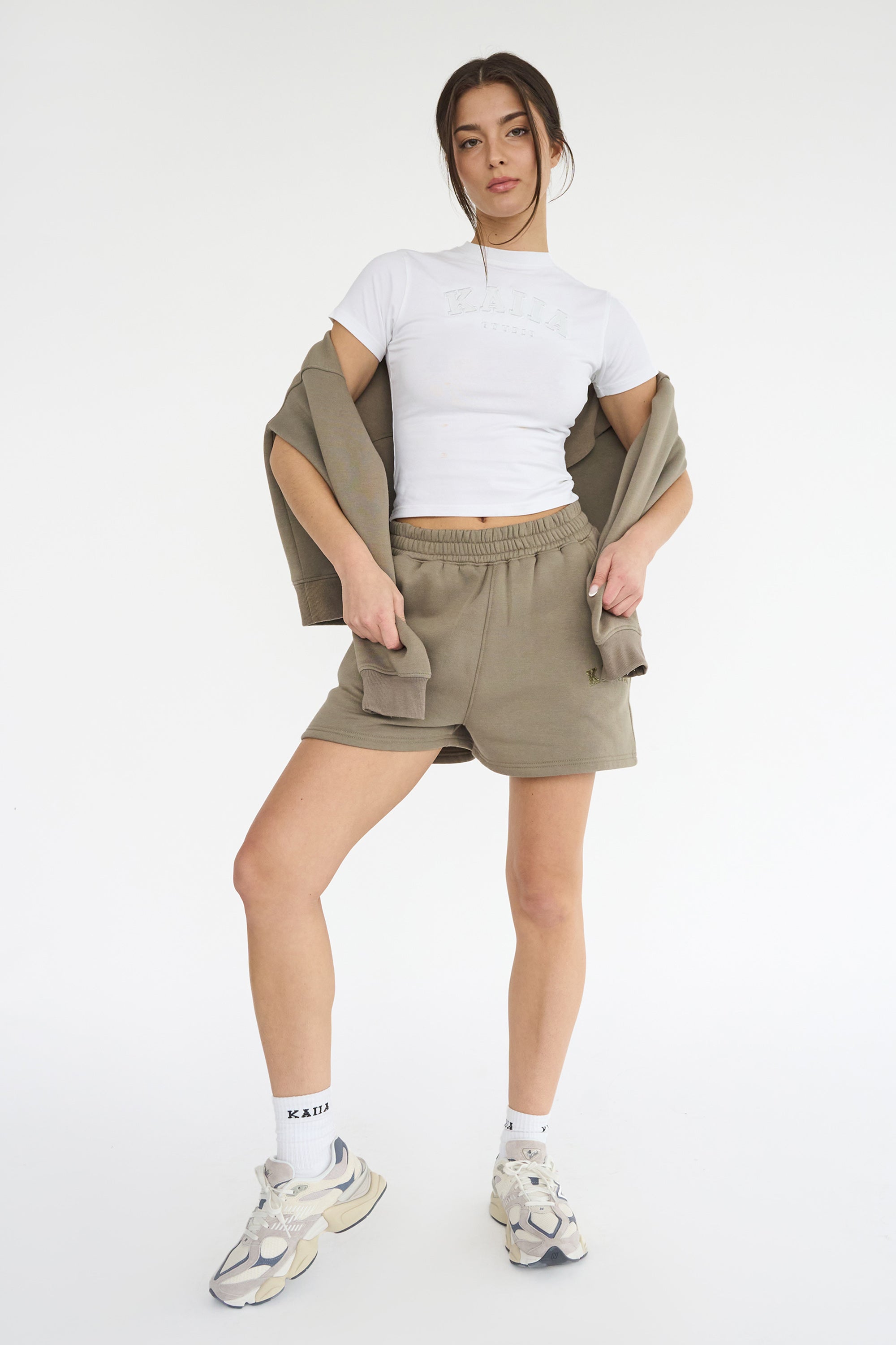 Image of Kaiia Logo Sweat Shorts in Khaki