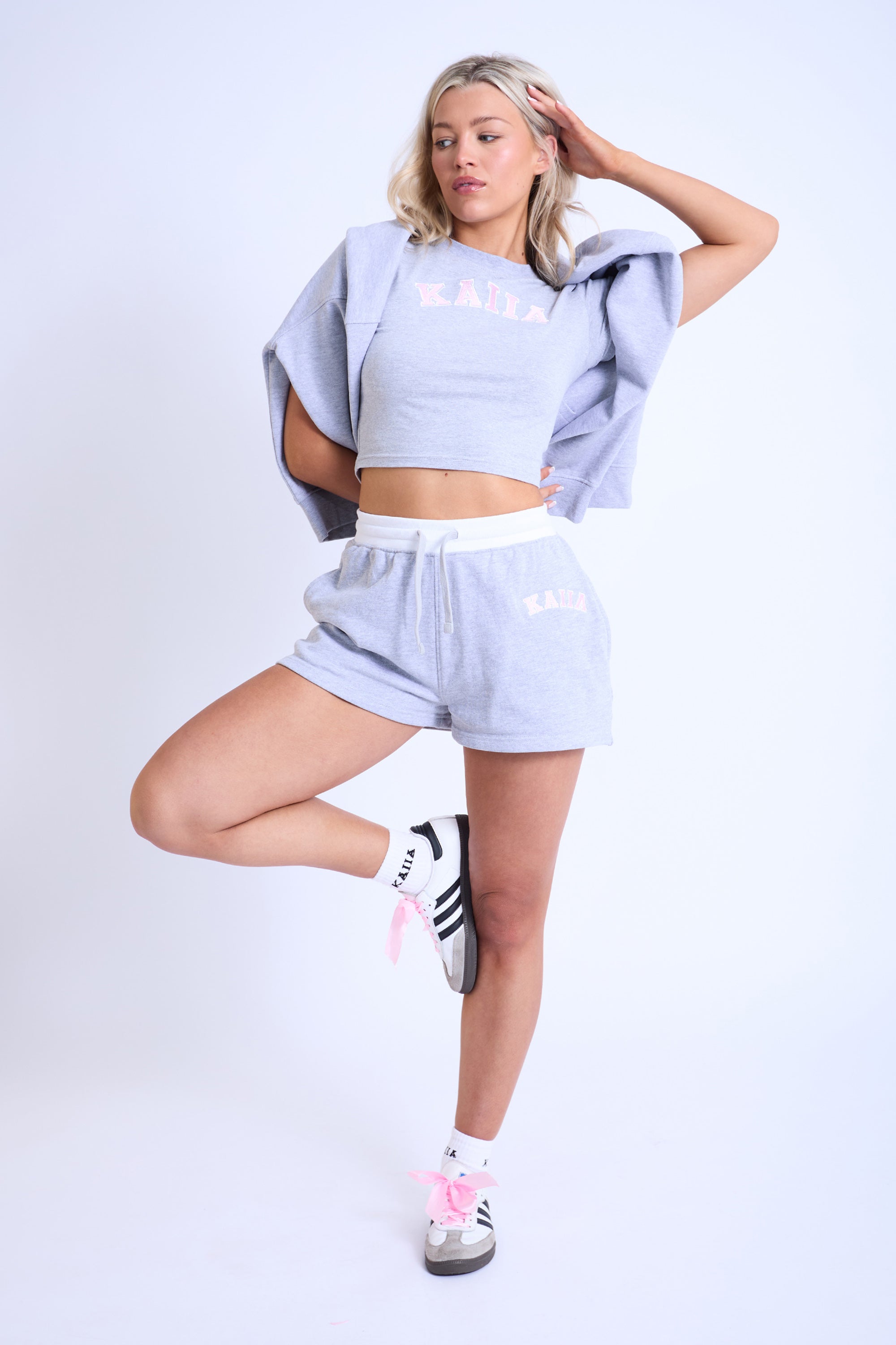 Image of Kaiia Contrast Waistband Sweat Shorts Grey Marl & Pink