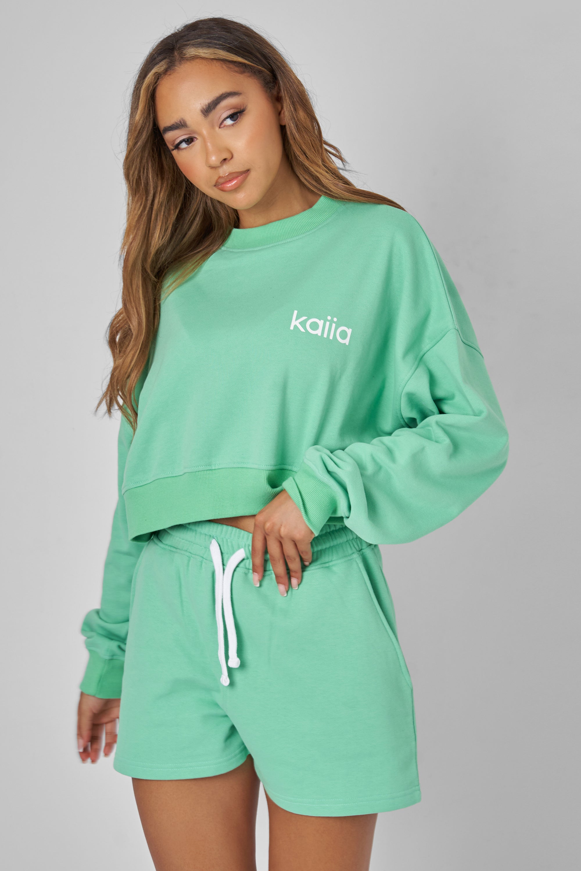 Image of Kaiia Slogan Cropped Sweatshirt Green