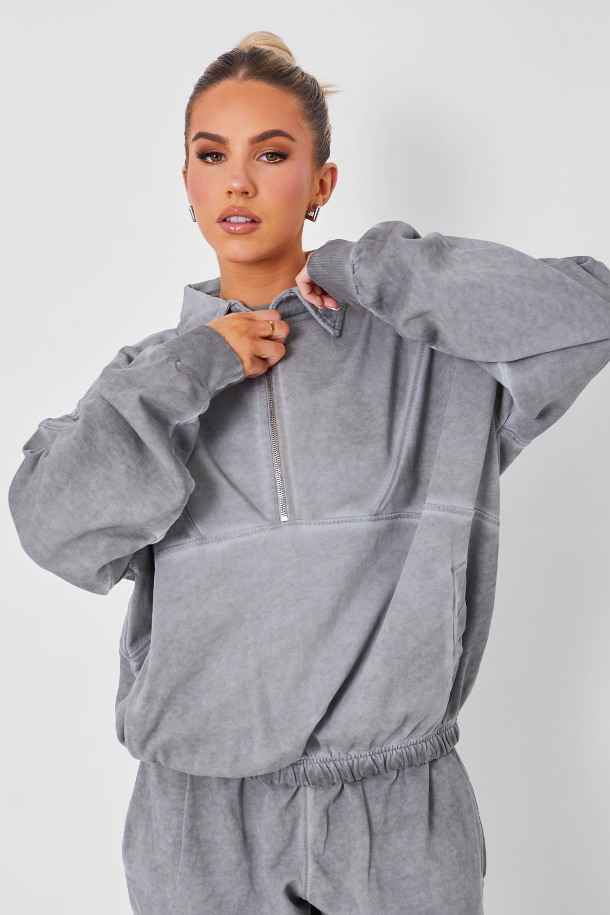 Image of Half Zip Oversized Sweatshirt Co-ord Washed Grey