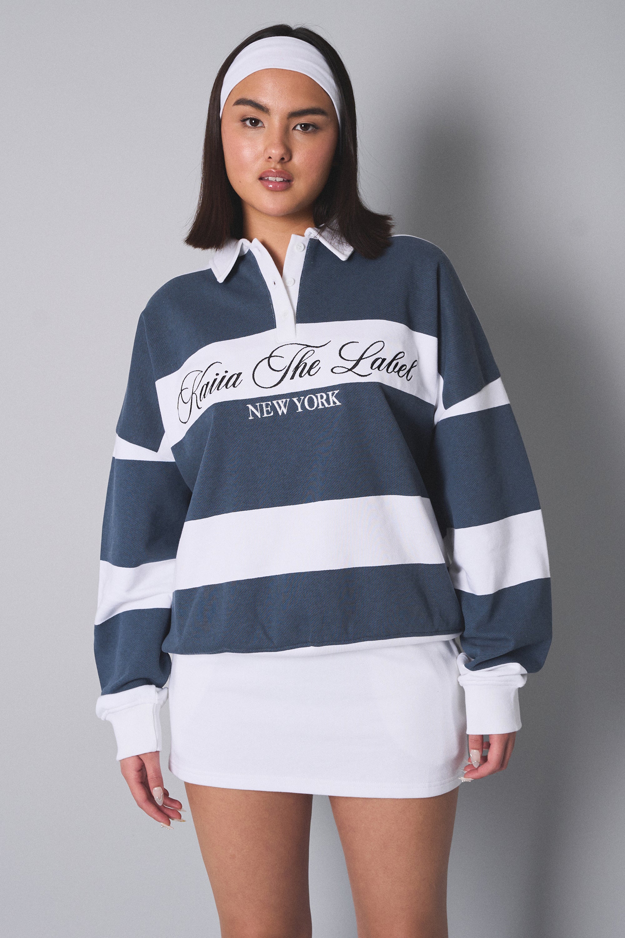Image of Kaiia the Label Striped New York Oversized Rugby Sweatshirt White