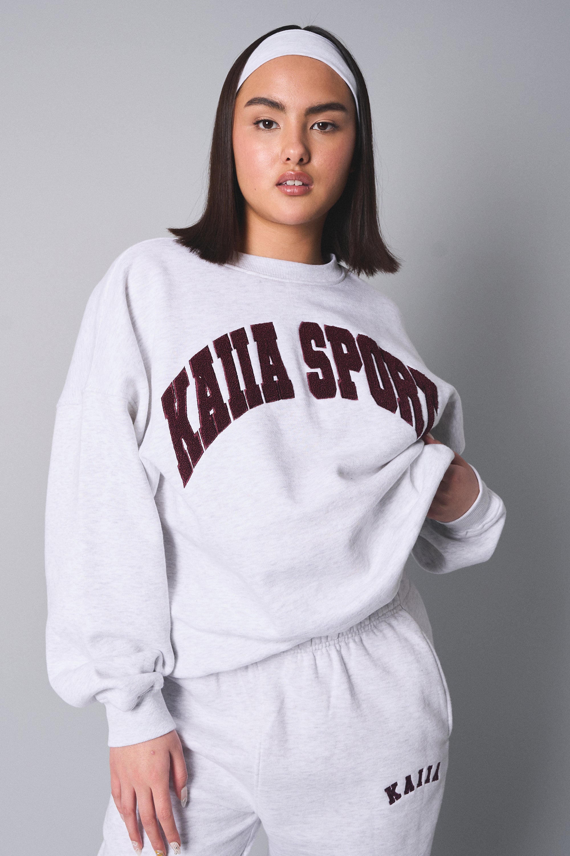 Image of Kaiia Sport Slogan Oversized Sweatshirt Light Grey Marl