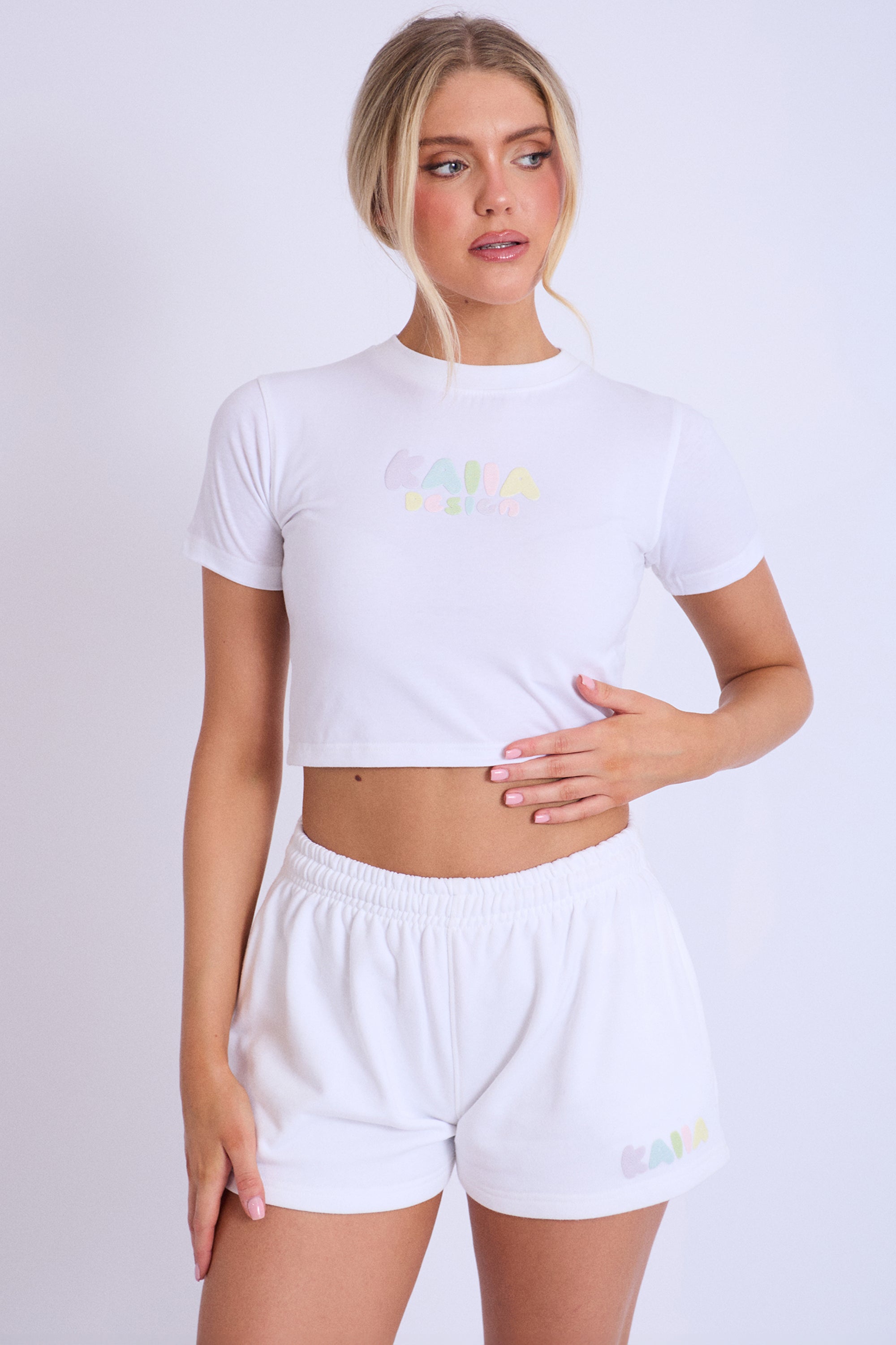 Image of Kaiia Design Bubble Logo Baby Tee Off White & Rainbow