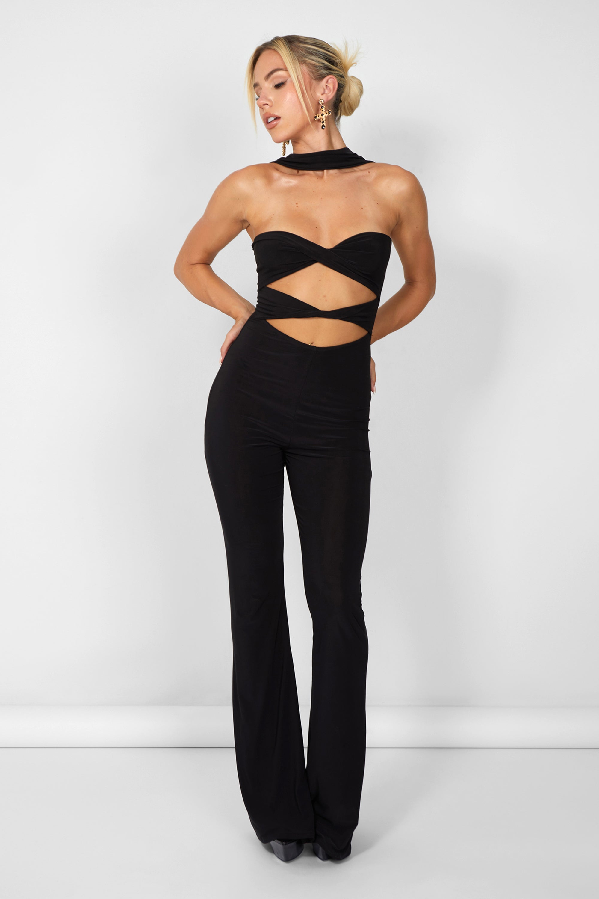 Image of Kaiia Slinky Choker Cut Out Jumpsuit in Black