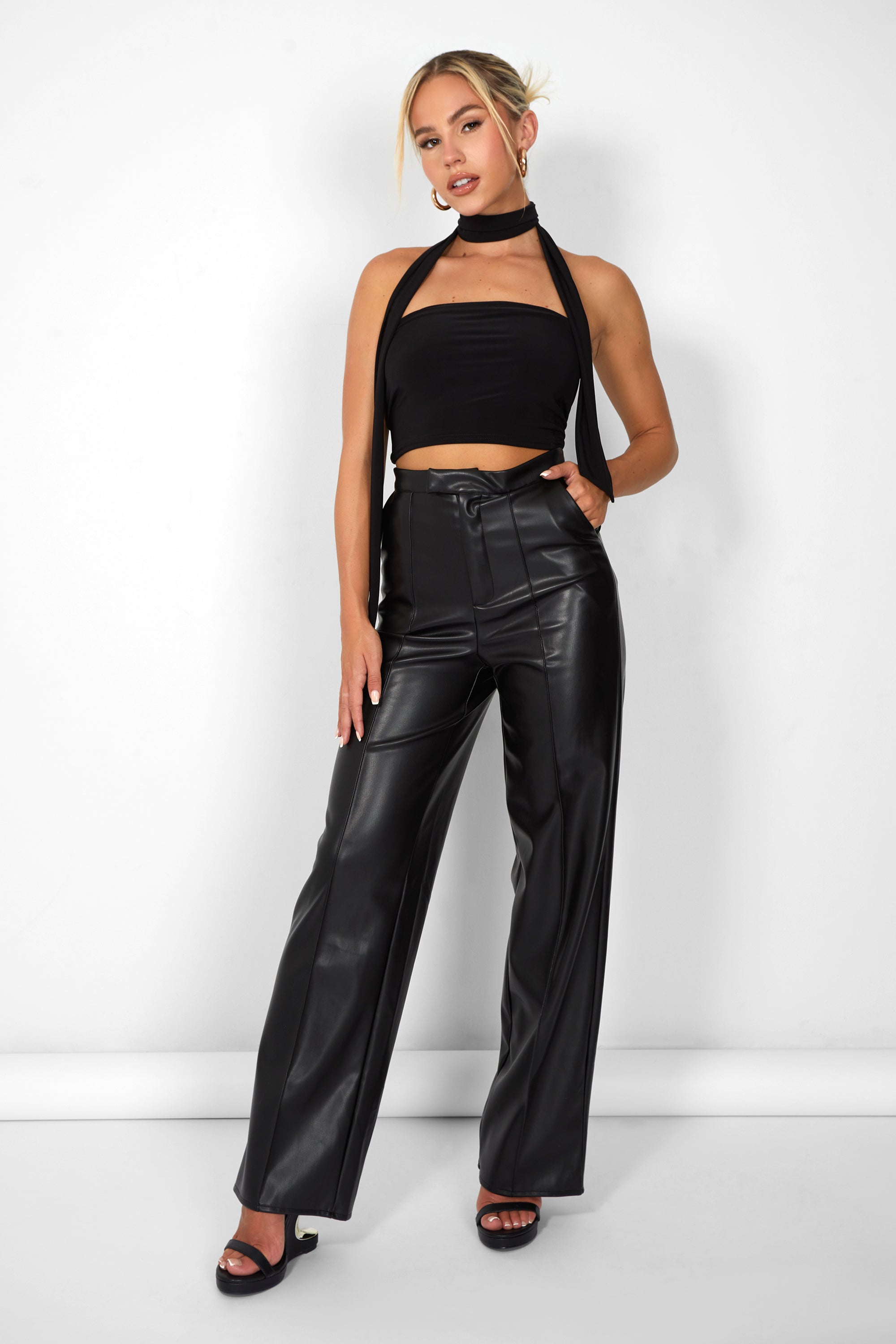 Image of Kaiia Leather Look Wide Leg Trousers In Black UK 6