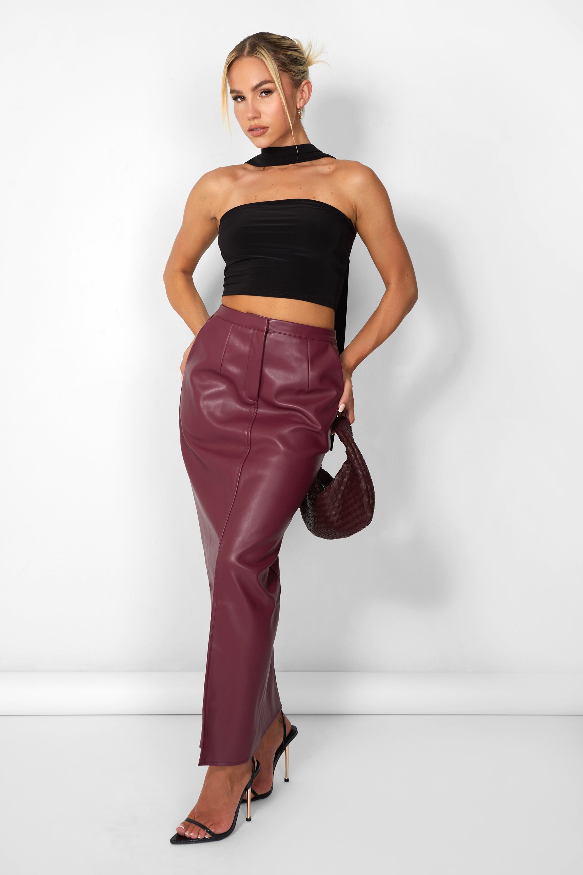 Image of Kaiia Leather Look Maxi Skirt in Burgundy