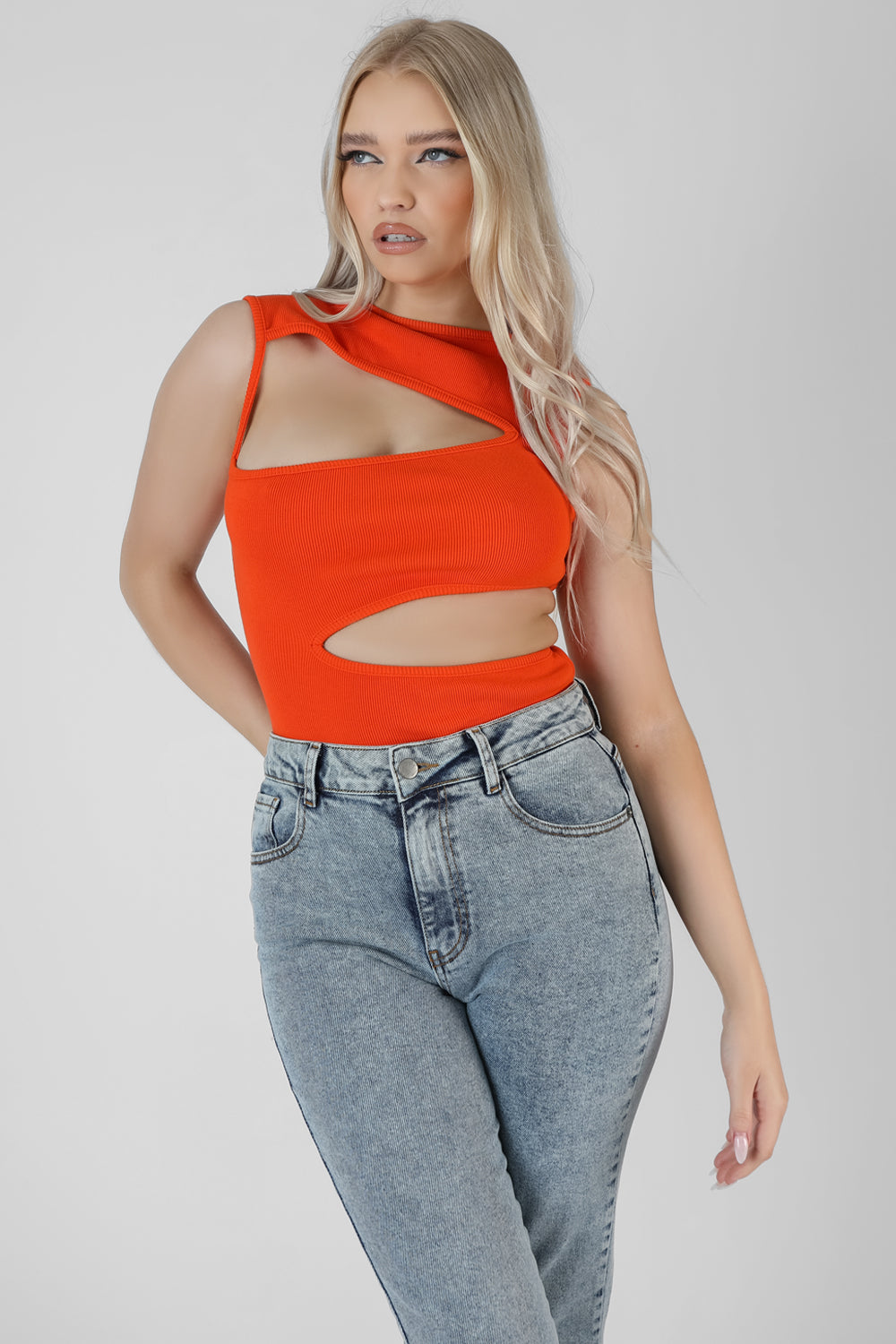 Image of ASYMMETRIC CUT AWAY BODYSUIT ORANGE