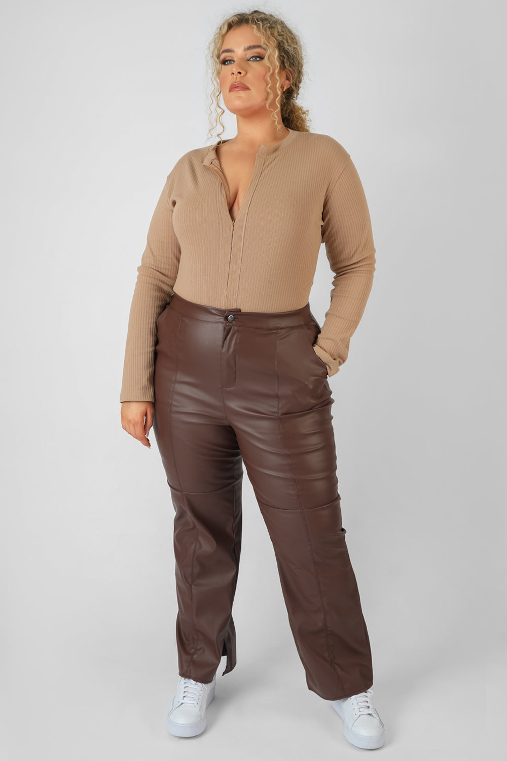 Curve Zip Front Ribbed Bodysuit Light Brown UK 24 product