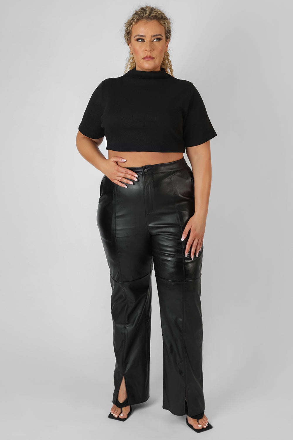 Image of Curve High Neck Ribbed Cropped T Shirt Black UK 24