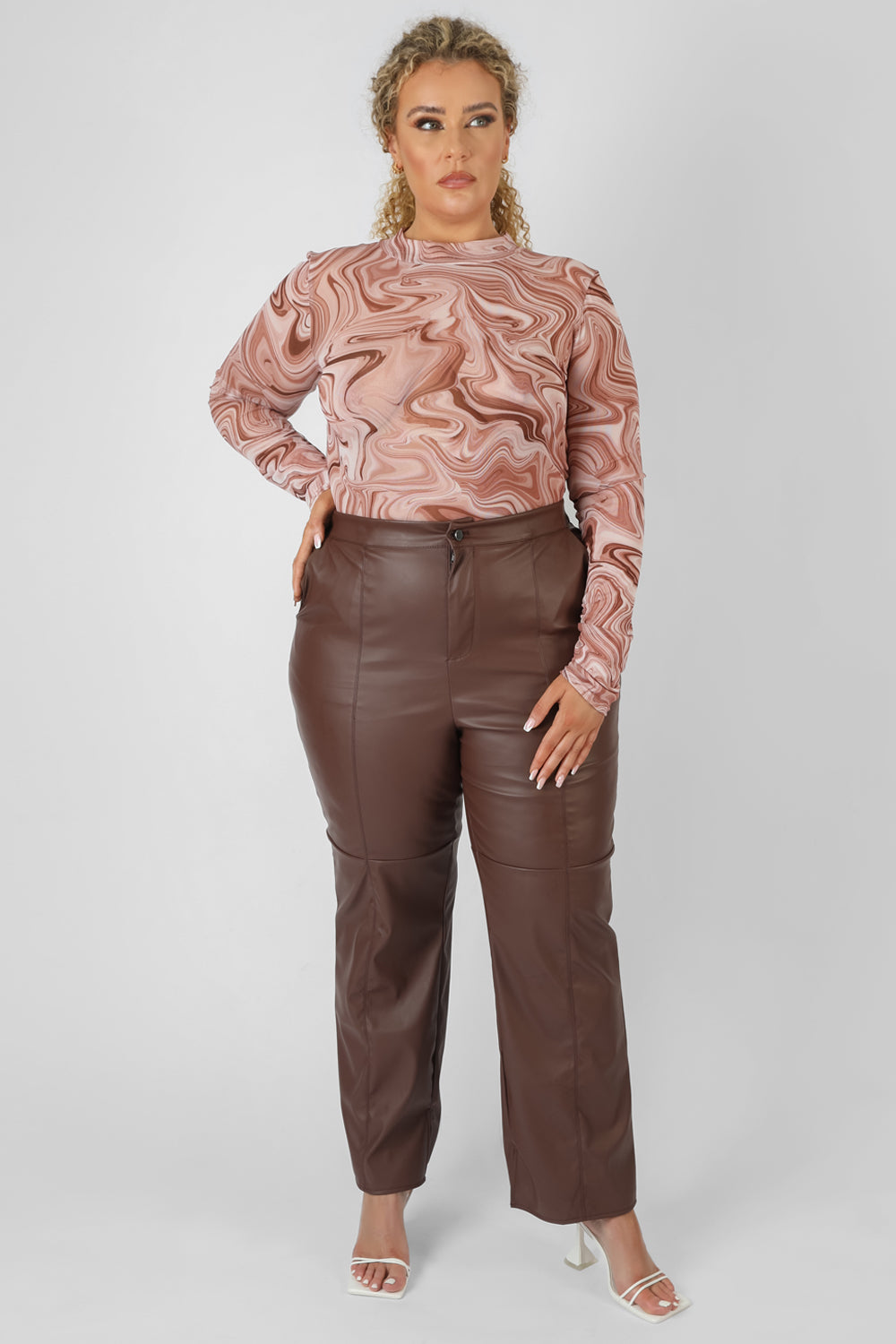 Image of CURVE PU SEAM FRONT SPLIT DETAIL TROUSERS CHOCOLATE