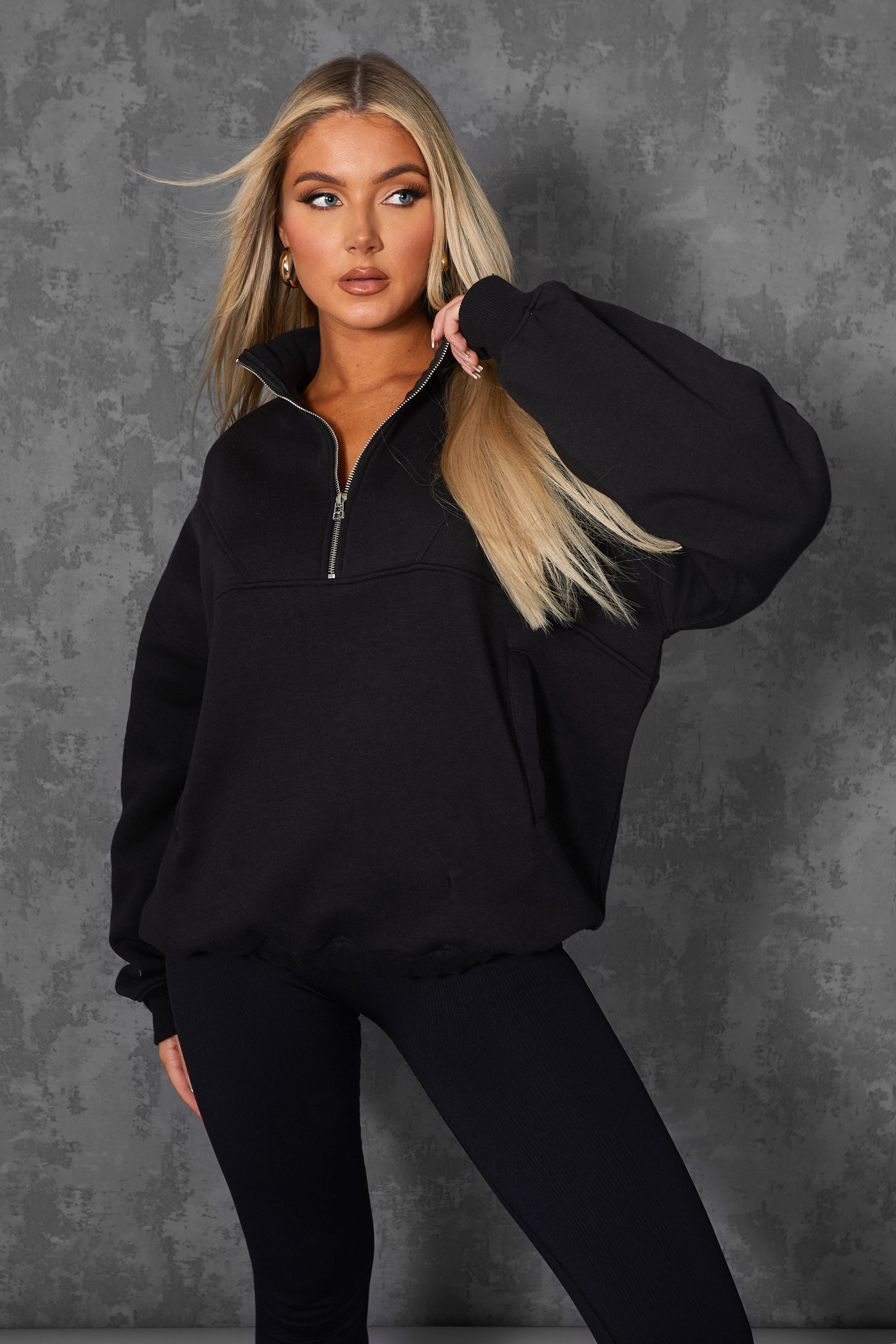 Oversized Half Zip Pullover Pocket Front Sweatshirt Black UK 4