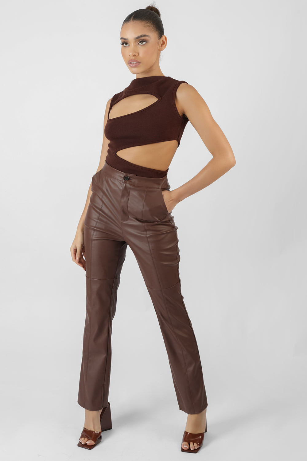 Image of PU SEAM FRONT SPLIT DETAIL TROUSERS CHOCOLATE