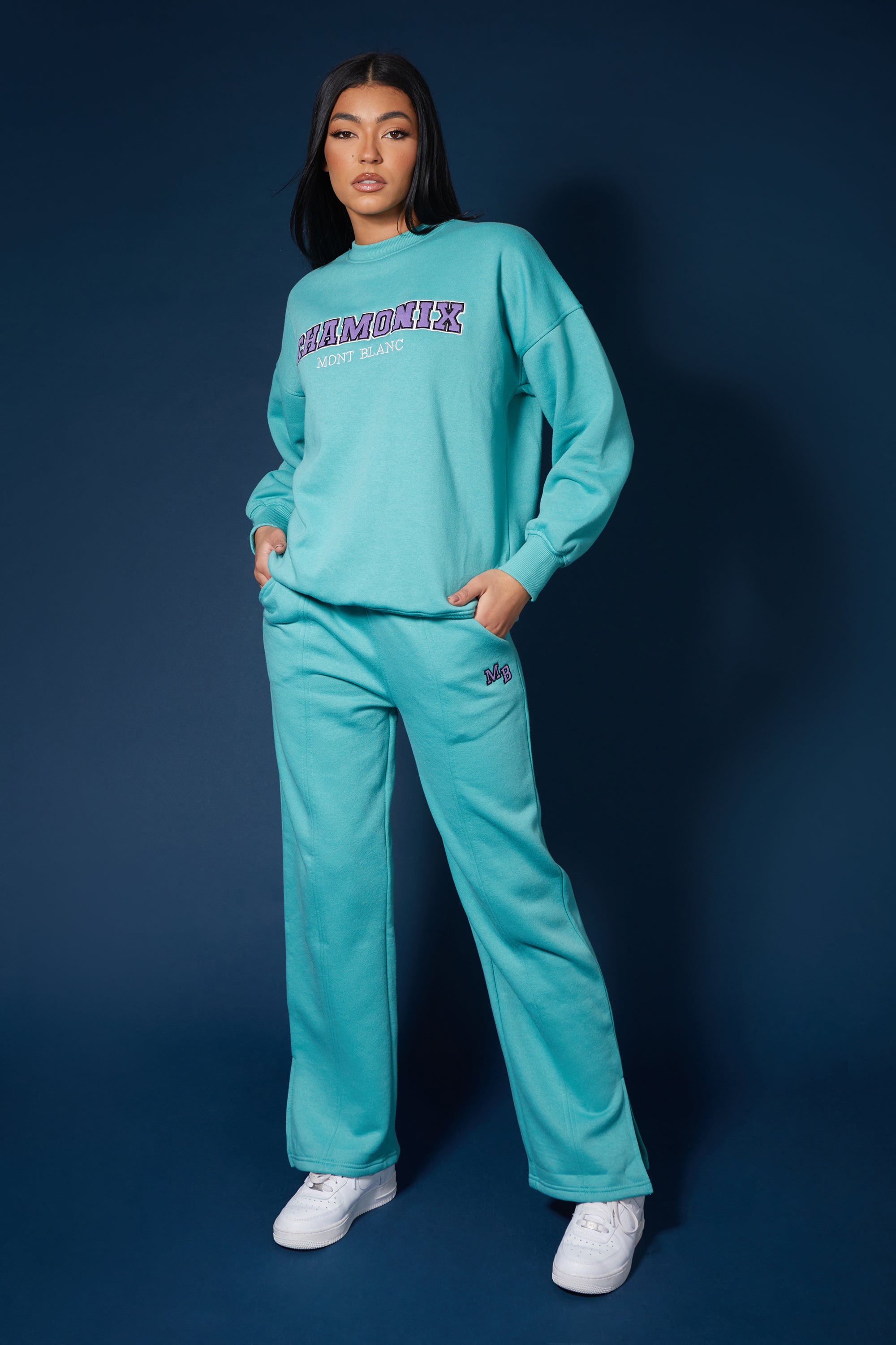 Image of SEAM FRONT STRIAGHT LEG EMBROIDERED JOGGERS AQUA