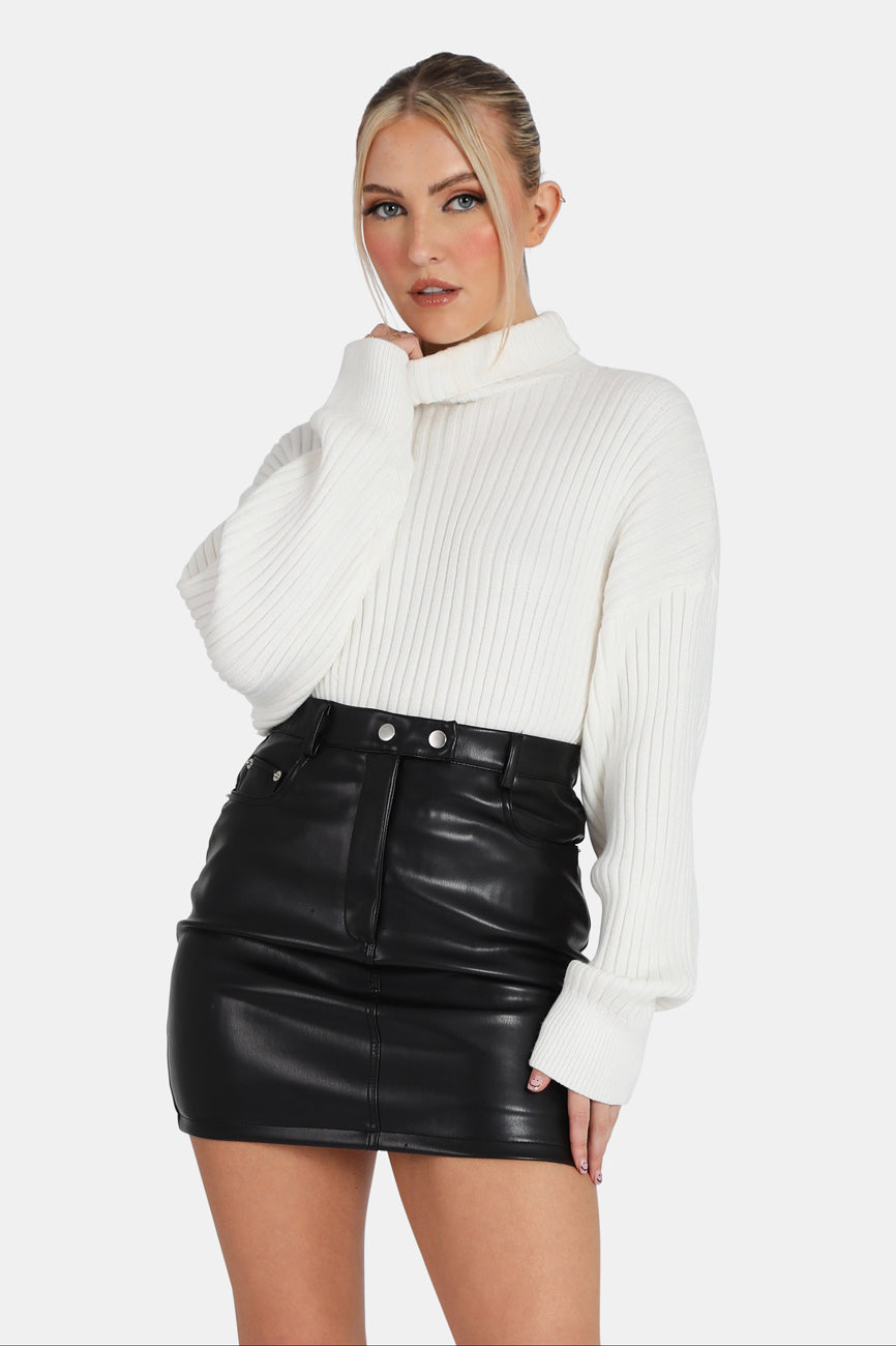 Image of High Neck Constrast Stitch Ribbed Knitted Oversized Jumper Ivory M